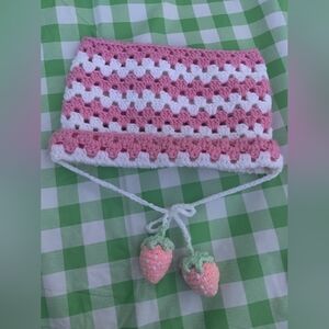 Crochet striped cat beanie with strawberries